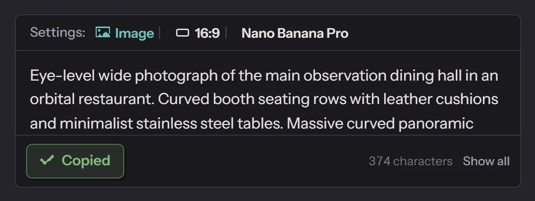 The prompt box on the card after Copy prompt was pressed: the settings Image, 16:9 and Nano Banana Pro, the prompt, and the button now reading Copied.