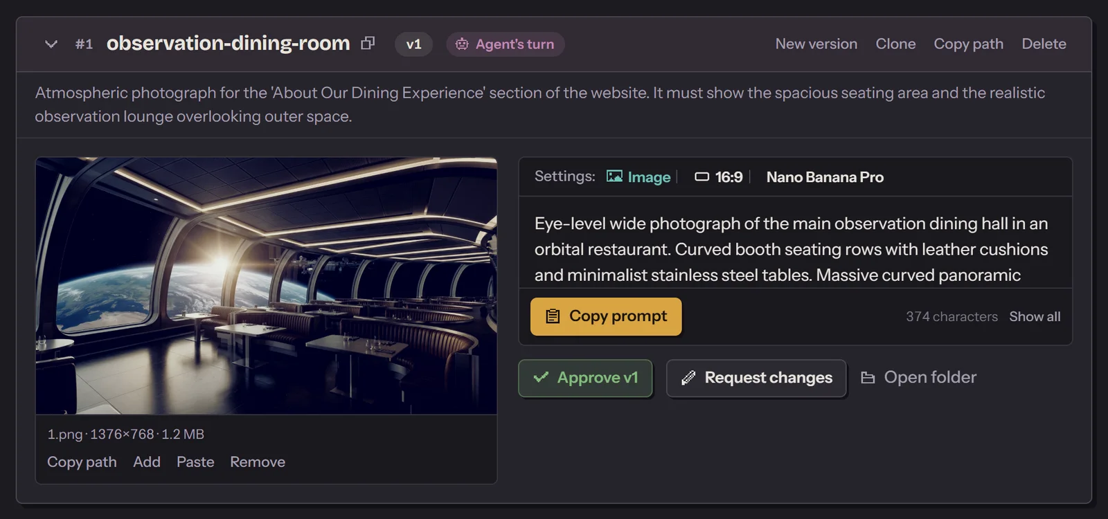 The same card with your picture in it, a dining room on a space station. The card is now marked Agent's turn, with the buttons Approve v1 and Request changes.