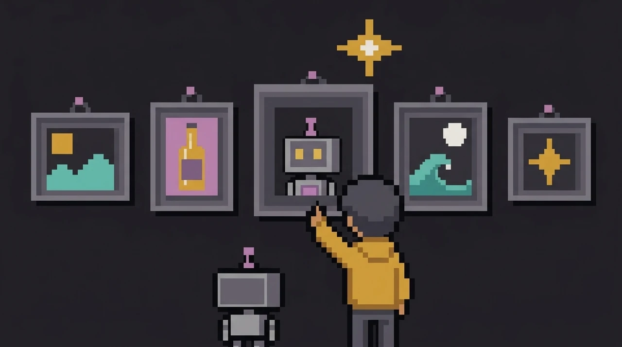 Pixel art: a gallery wall full of finished pictures, with a robot and a person standing in front of it.