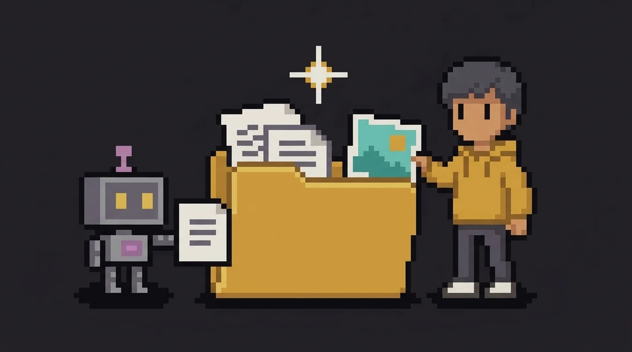 Pixel art: a robot puts a prompt sheet into a shared folder from one side, and a person puts a finished picture in from the other.