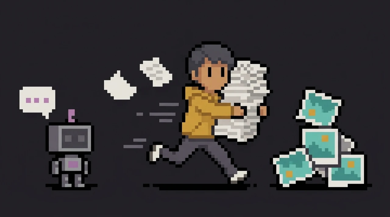 Pixel art: a person runs between a chat bubble and a pile of pictures, papers flying, while a robot waits and sees none of it.