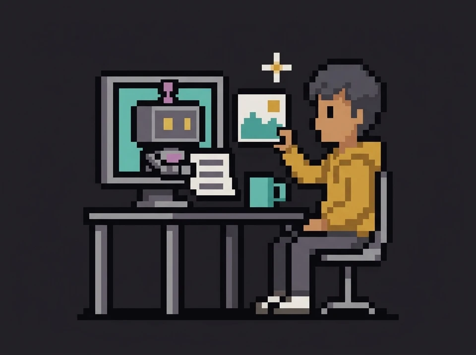 Pixel art: the person in the gold hoodie sits at their own desk and holds up a finished picture. The robot is inside the monitor and holds a prompt sheet out of the screen toward them.