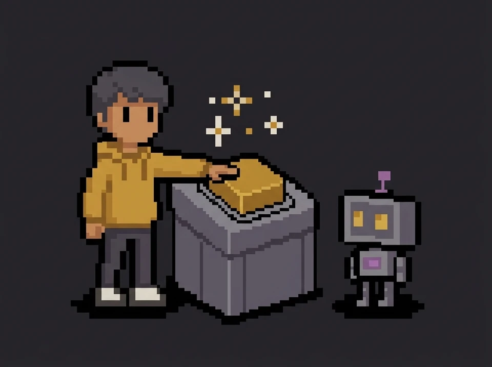 Pixel art: a person's hand presses a big gold button while a robot stands beside it and watches.