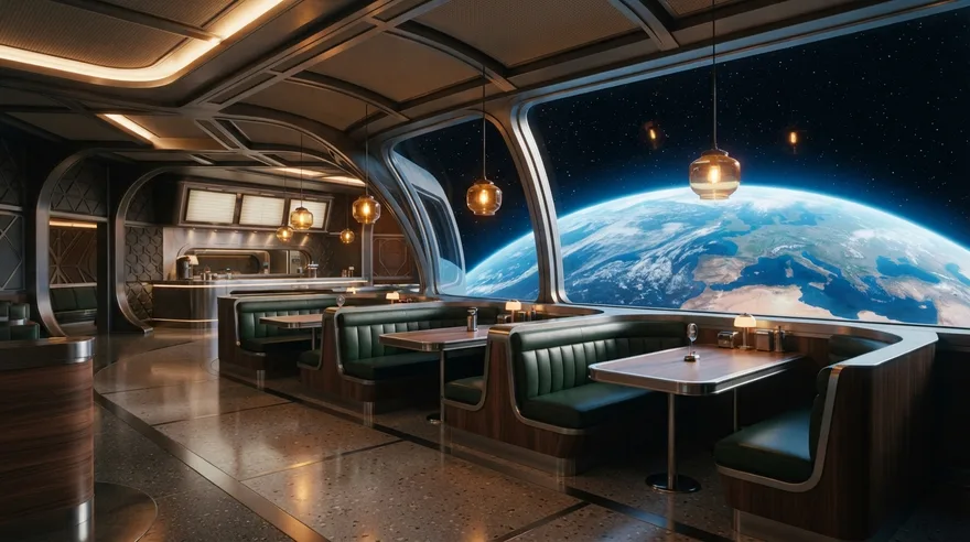 A generated photo of a diner on a space station, Earth in the windows.