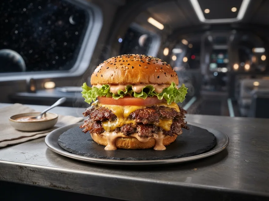A generated product photo of a burger on a slate plate.