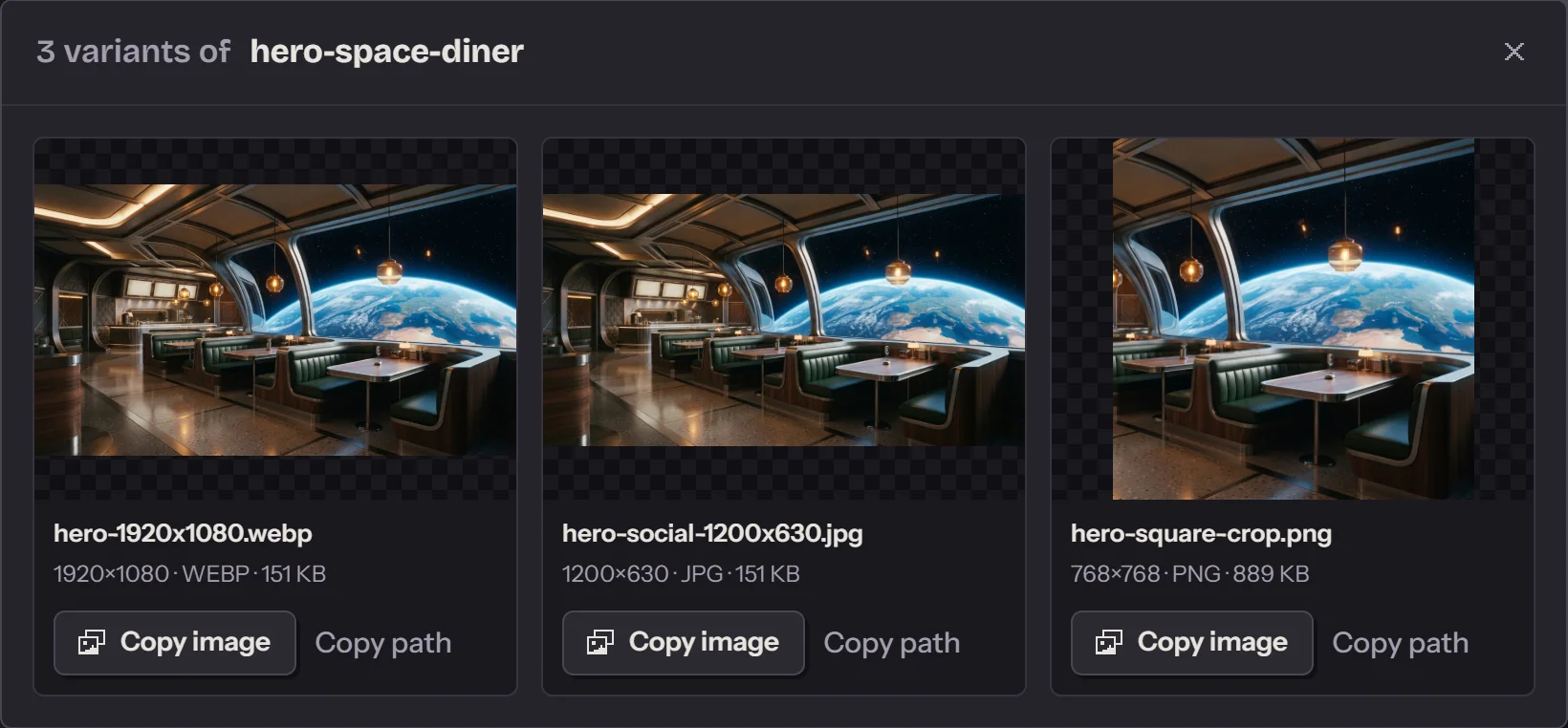 The variants of one approved picture, as the app shows them: a 1920 by 1080 WebP, a 1200 by 630 JPG for social cards and a square crop, each with a Copy image button.