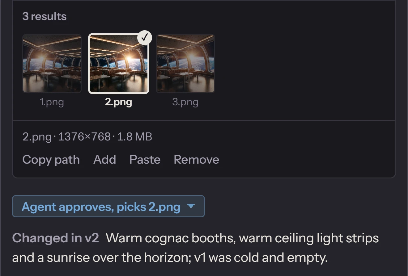 Part of the approved slot's details in the app: the three results of version 2 with 2.png picked, the agent's verdict, Agent approves, picks 2.png, and the note on what changed from version 1.